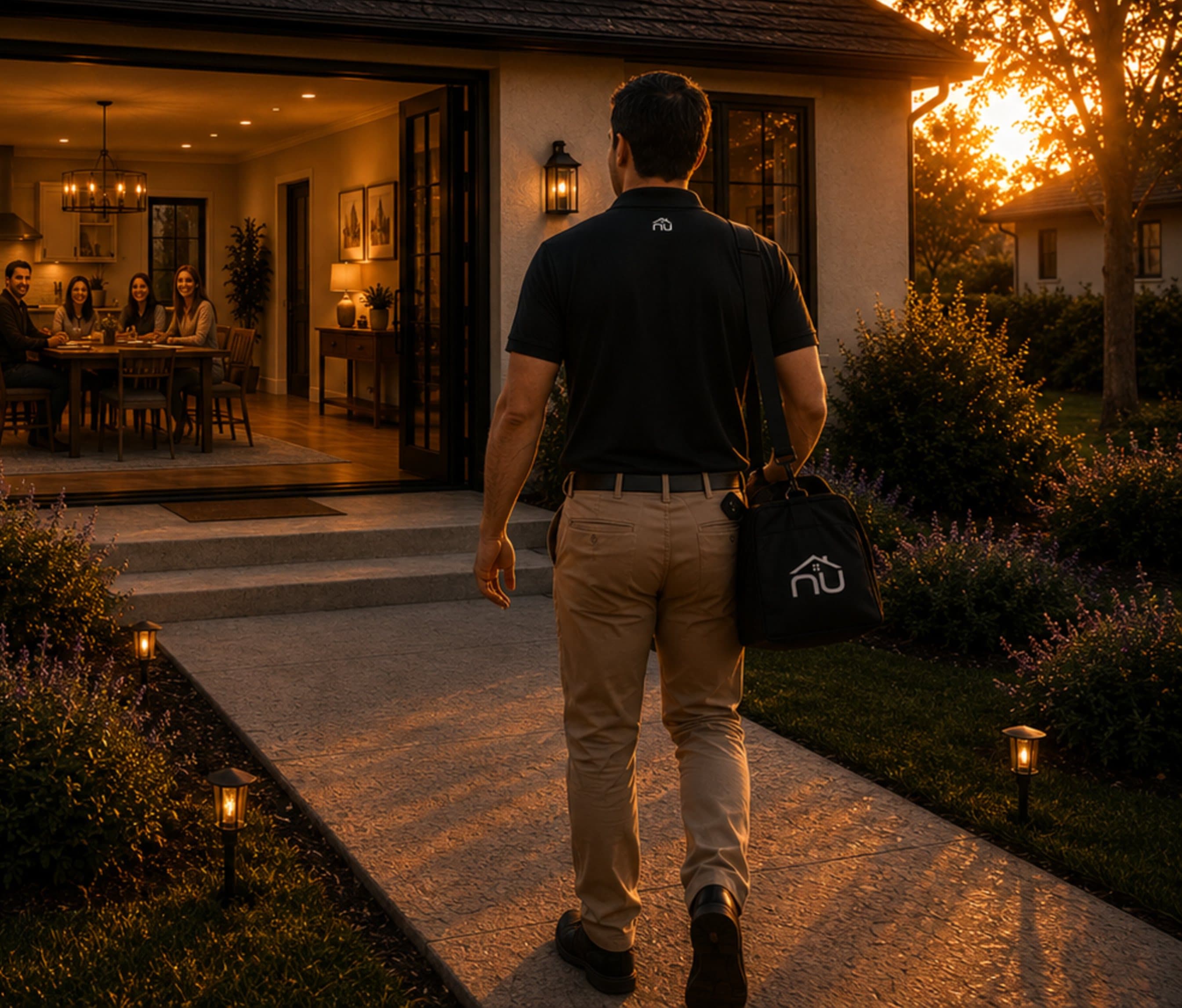 A Nu Home advisor arriving at a customer's home at sunset