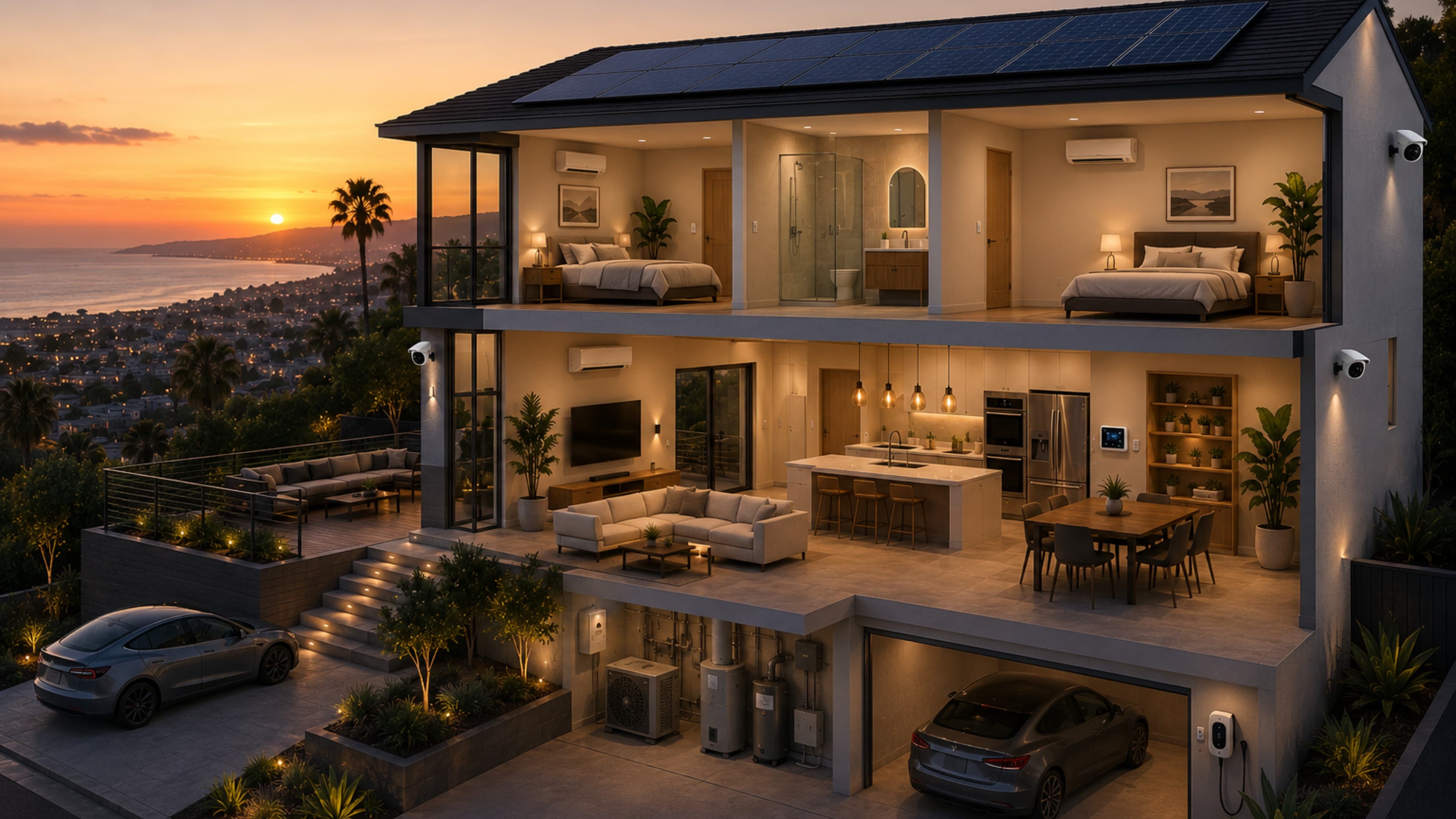 Cutaway of a modern home revealing its heating, cooling, security and energy systems